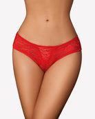 Floral lace boyshort panties in red with scalloped trim and crisscross cutout front
