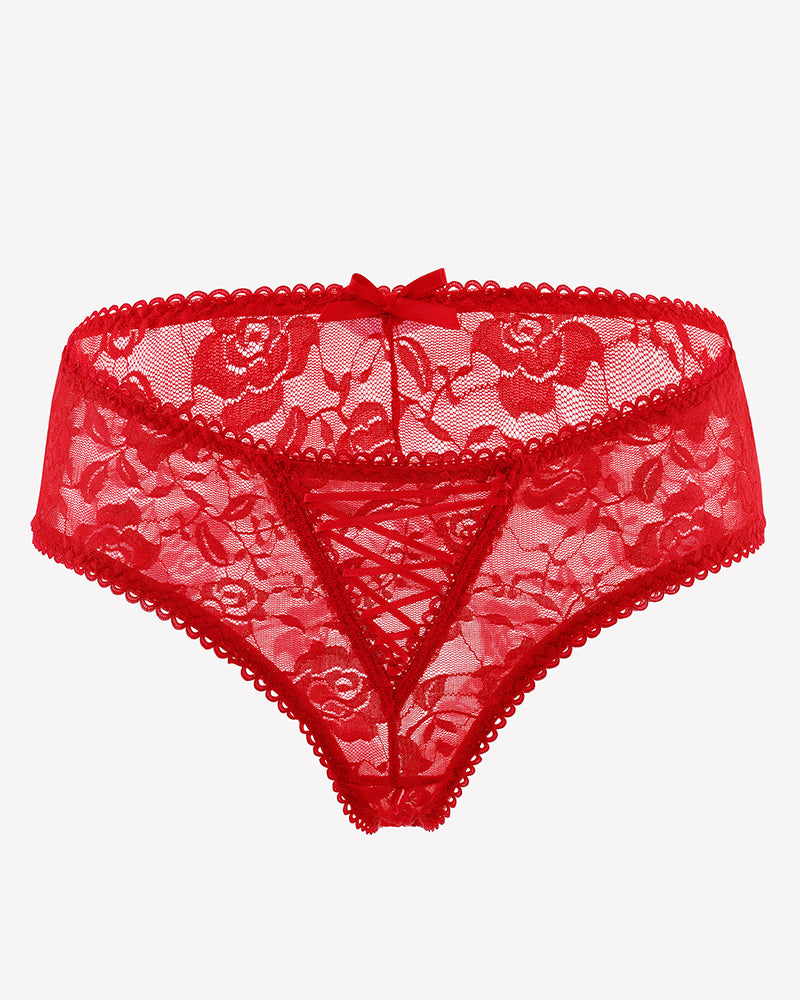 Floral lace boyshort panties in red with scalloped trim and crisscross cutout front