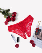 Floral lace boyshort panties in red with scalloped trim and crisscross cutout front