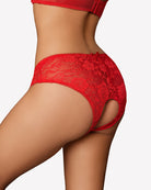 Floral lace boyshort panties, red sheer lace with side cutout opening