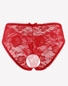 Floral lace boyshort panties, red with sheer floral pattern and lace trim