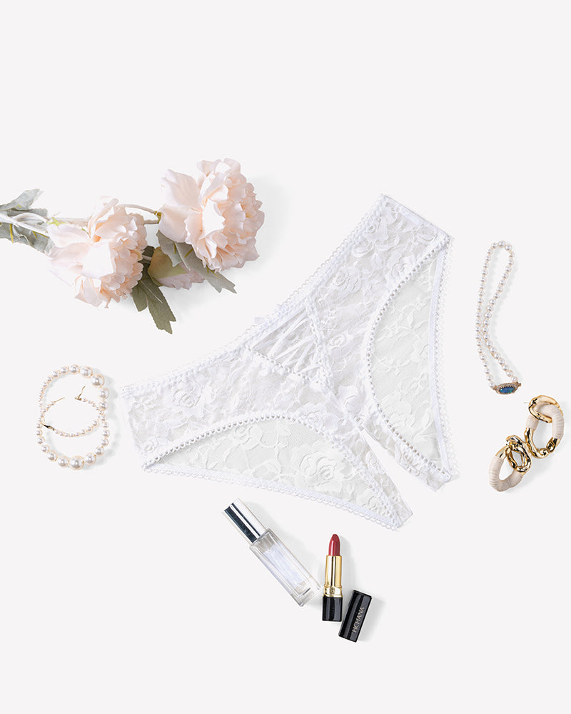 Floral lace boyshort panties set, white sheer lace with bow detail