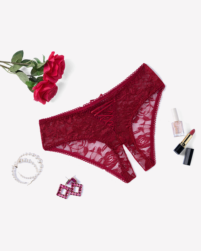 Floral lace boyshort panties, wine red sheer lace with triangular hollow cutout
