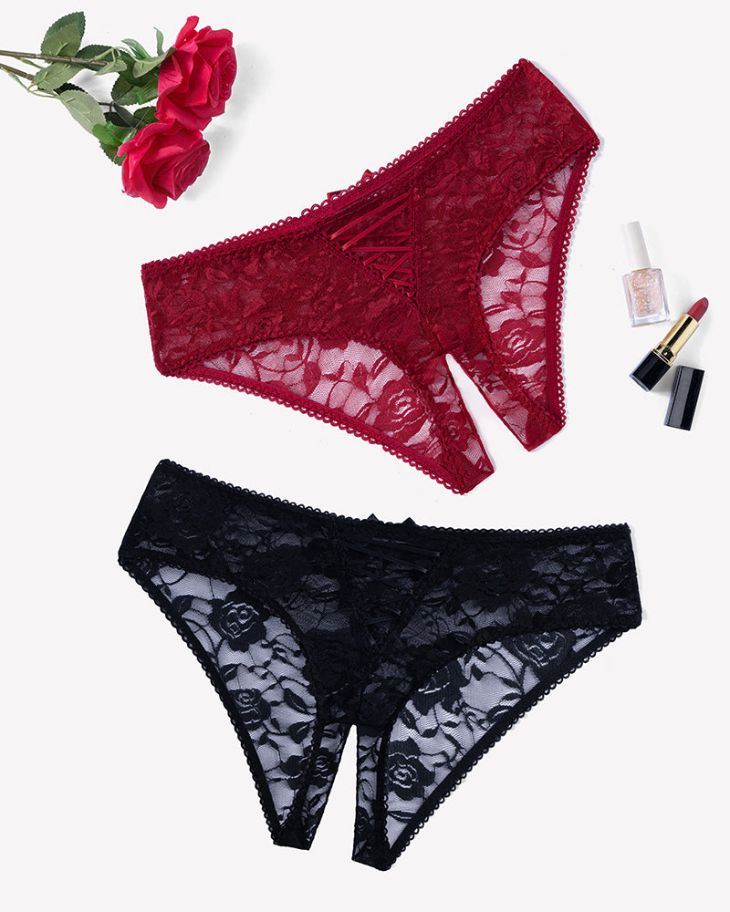 Floral lace boyshort panties, black and burgundy sheer lace with hollow cutouts