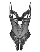 Black lace sheer deep V teddy bodysuit with lace-up center front and thong back