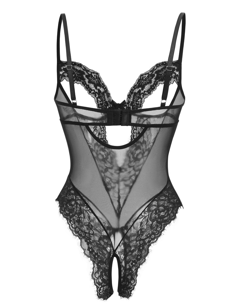 Black lace sheer deep V teddy bodysuit with lace-up center front and thong back
