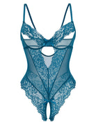 Blue lace sheer deep V teddy bodysuit with scalloped lace cups and strappy sides
