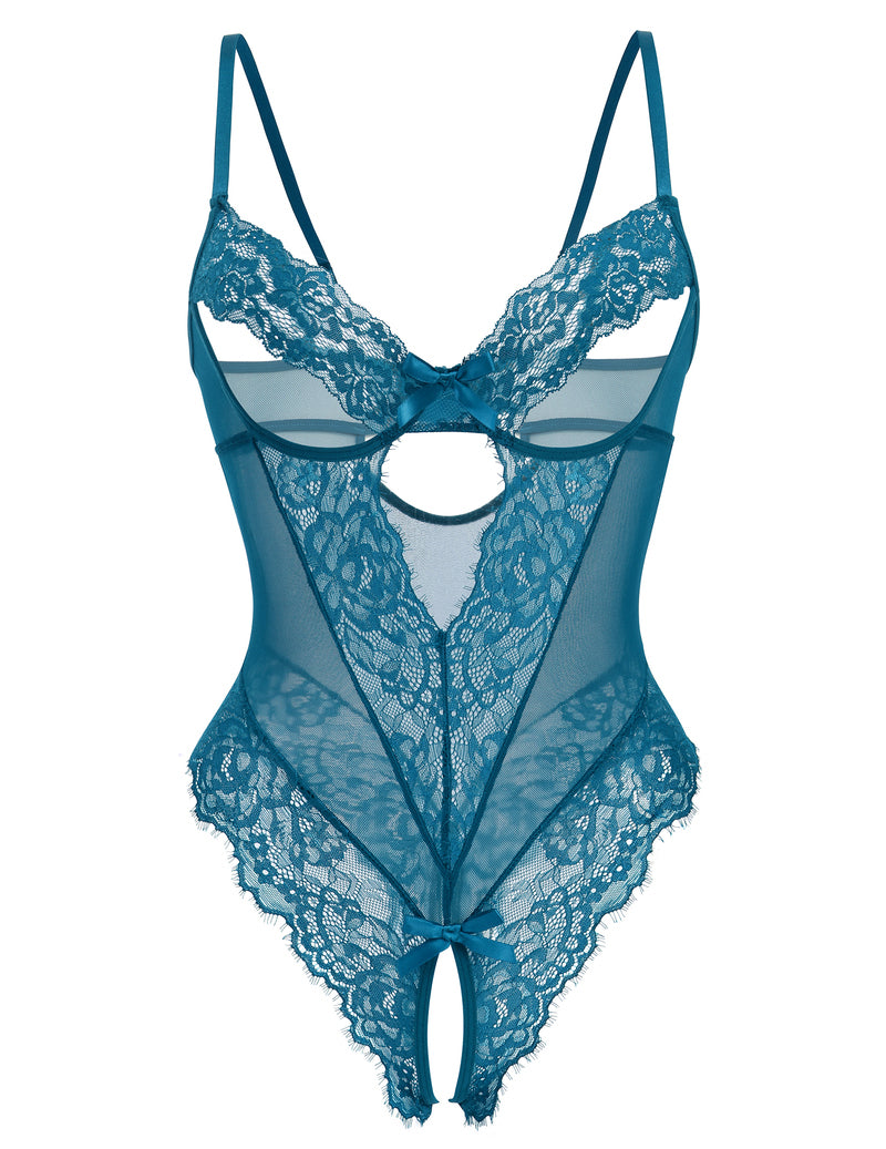 Blue lace sheer deep V teddy bodysuit with scalloped lace cups and strappy sides