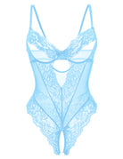Light blue lace sheer deep V teddy bodysuit with lace overlay and thong bottom