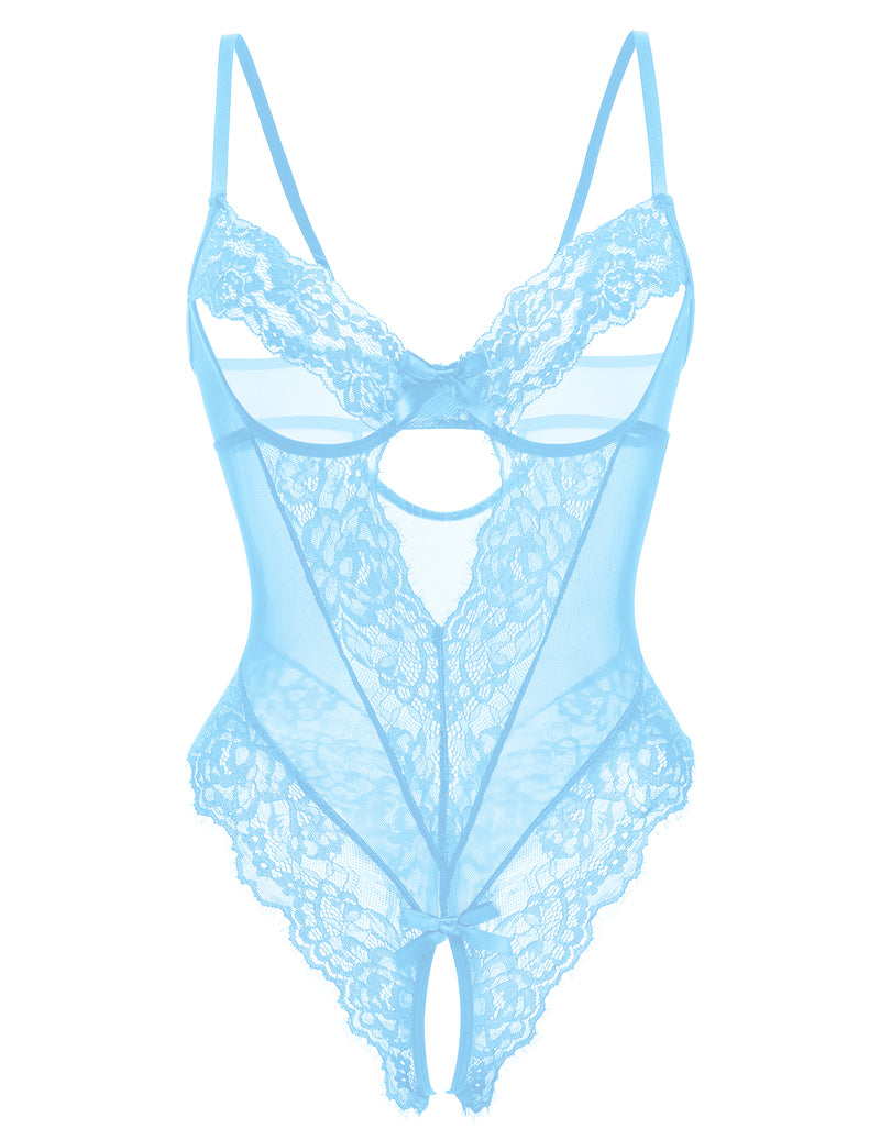 Light blue lace sheer deep V teddy bodysuit with lace overlay and thong bottom
