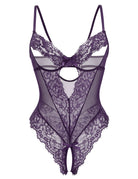 Purple lace sheer deep V teddy bodysuit with scalloped lace cups and thong back