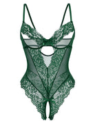 Green sheer lace deep V teddy bodysuit with scalloped trim and lace cups