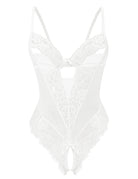 White sheer lace deep V teddy bodysuit with scalloped lace cups and thong