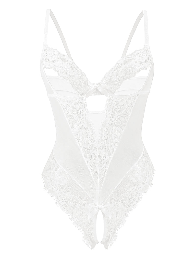 White sheer lace deep V teddy bodysuit with scalloped lace cups and thong