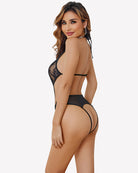 Black deep V halter lace bodysuit with lace back and thong straps