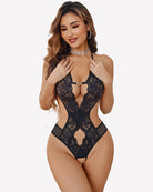 Black deep V halter lace bodysuit with lace cutouts and thong back