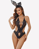Black deep V halter lace bodysuit with lace panel and small ring detail