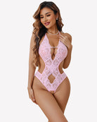 Lilac deep V halter lace bodysuit with lace cutouts and thong back