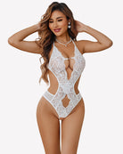 White deep V halter lace bodysuit with lace cutouts and thong back