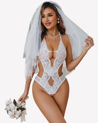 White deep V halter lace bodysuit with open back and sheer front cutouts