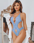 Light blue deep V halter lace bodysuit with open back and sheer panel cutouts