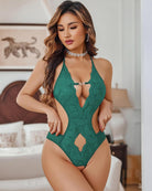 Green deep V halter lace bodysuit with open back and sheer cutout detail