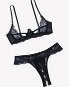 Black lace underwire push-up bra and matching lace thong panty set with scalloped trim