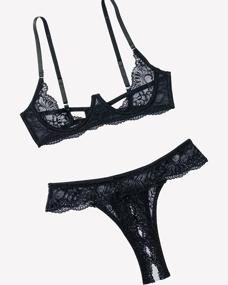 Black lace underwire push-up bra and matching lace thong panty set with scalloped trim