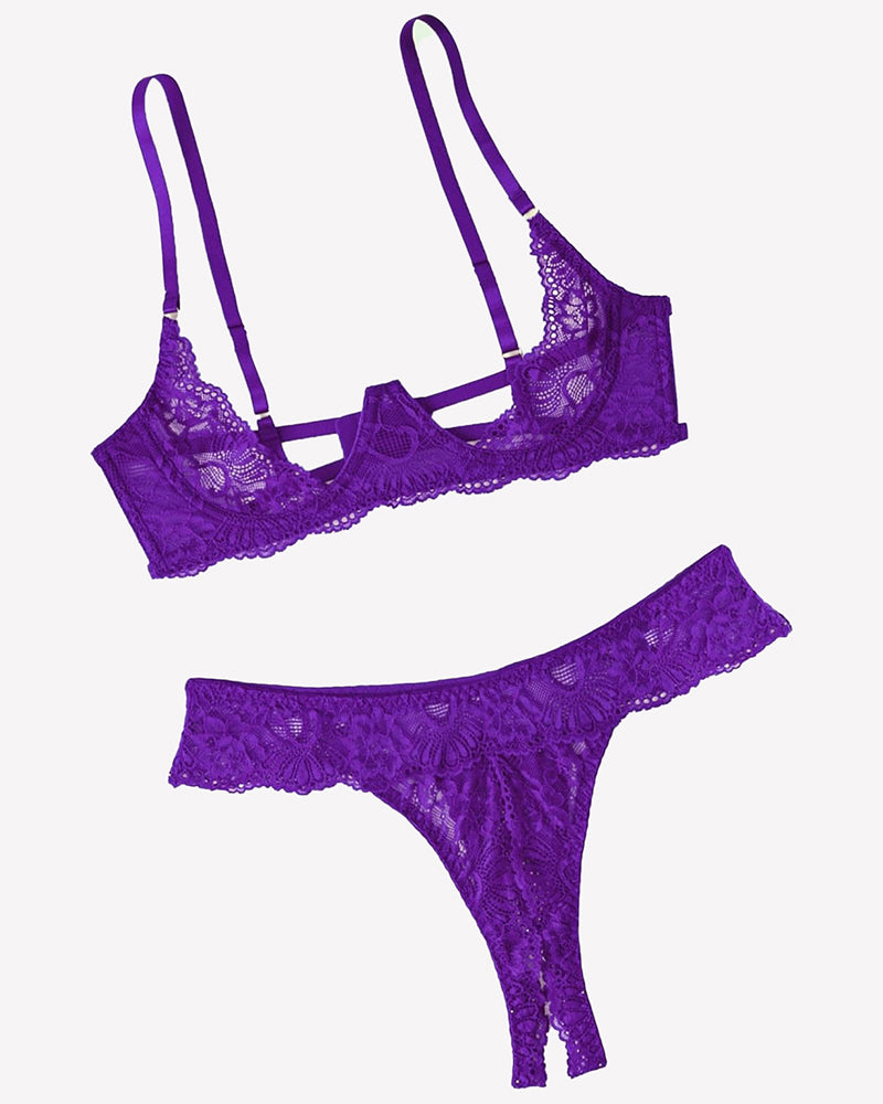 Purple lace underwire push-up bra and matching lace thong panty set with scalloped lace edge