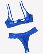 Royal blue lace underwire push-up bra and matching lace thong panty set with lace trim