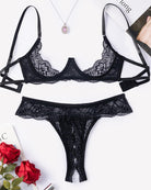 Black lace underwire push-up bra and matching thong set