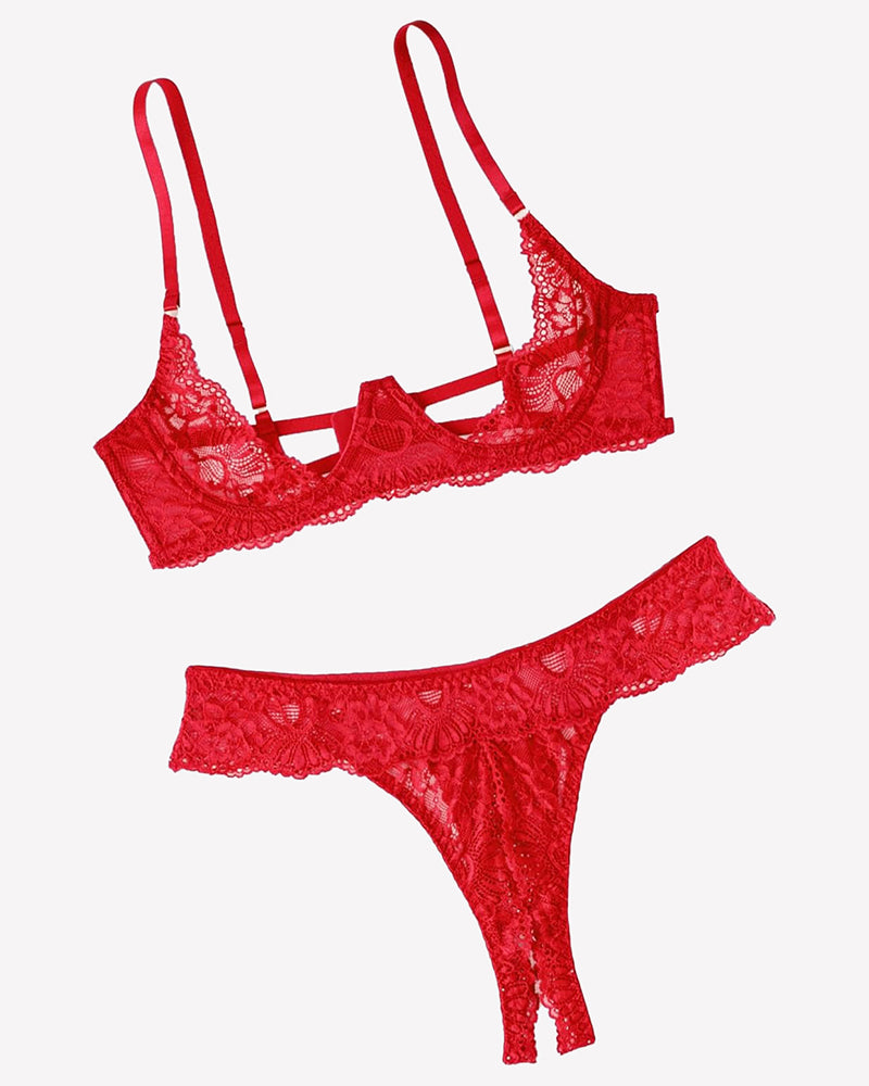 Red lace underwire push-up bra with matching lace thong panty set, strappy sides