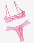 Pink lace underwire push-up bra and matching lace thong panty set with strappy cups