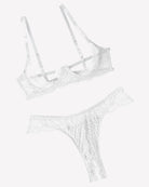 White lace underwire push-up bra and matching lace thong panty set with delicate floral lace