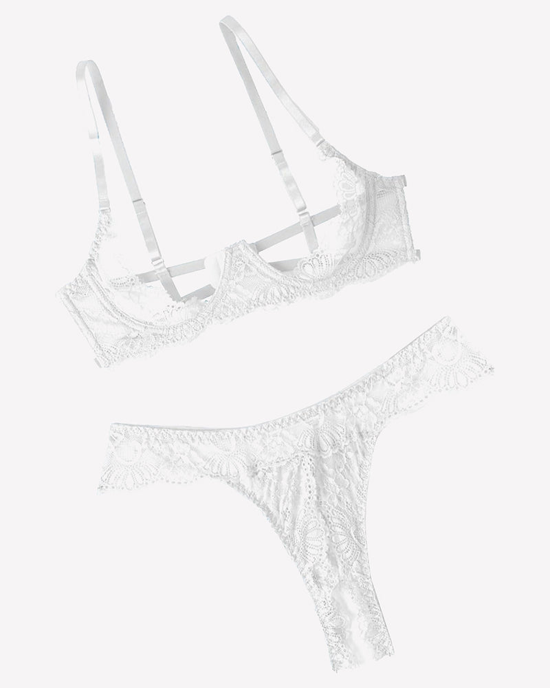 White lace underwire push-up bra and matching lace thong panty set with delicate floral lace