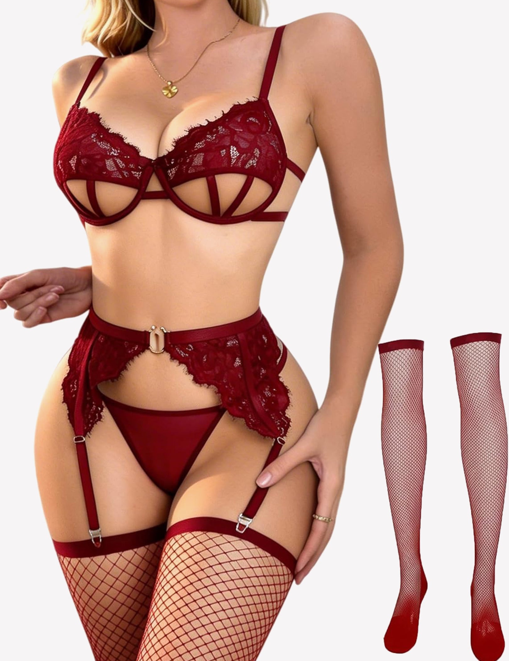 Burgundy lace cut-out bra and panty set with garter straps and fishnet stockings, front view