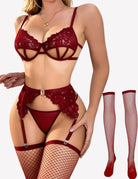 Burgundy lace cut-out bra and panty set with garter straps and fishnet stockings, front view