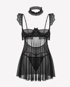 Black lace babydoll lingerie dress with underwire cups, sheer mesh skirt and lace trim