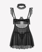 Black lace babydoll lingerie dress, underwire cups, sheer mesh skirt