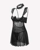 Black lace babydoll lingerie dress with lace straps and sheer mesh flared skirt