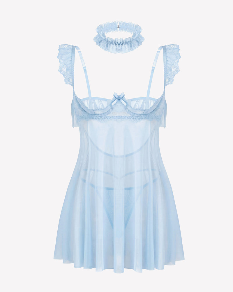 Light blue lace babydoll lingerie dress with underwire cups, sheer mesh skirt and lace trim