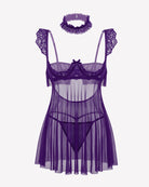 Purple lace babydoll lingerie dress with underwire cups, sheer mesh skirt and lace trim
