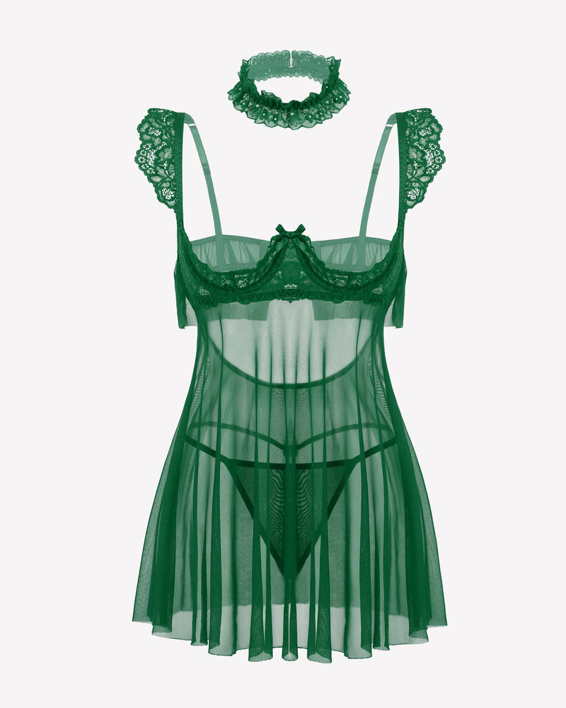Lake green lace babydoll lingerie dress with underwire cups, sheer mesh skirt and lace trim