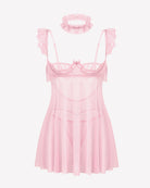 Pink lace babydoll lingerie dress with underwire cups, sheer mesh skirt and lace trim