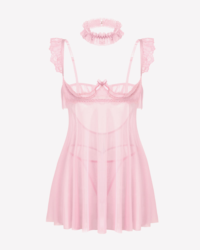 Pink lace babydoll lingerie dress with underwire cups, sheer mesh skirt and lace trim