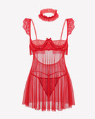 Red lace babydoll lingerie dress with underwire cups, sheer mesh skirt and lace trim