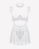 White lace babydoll lingerie dress with underwire cups, sheer mesh skirt and lace trim