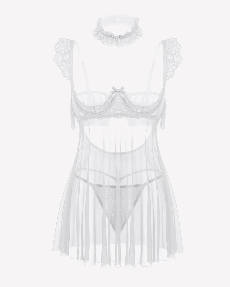 White lace babydoll lingerie dress with underwire cups, sheer mesh skirt and lace trim