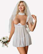 White lace babydoll lingerie dress with underwire cups, sheer mesh skirt and lace veil