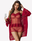 Red mesh lace pajama set with V-neck cami and polka-dot sheer ruffled shorts
